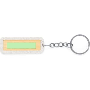 A green and beige keyring with a silver chain and an area for customisation.