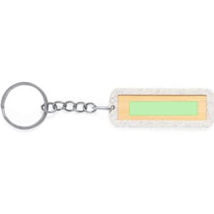 A keyring featuring a green rectangular insert with a wooden frame and a silver chain.