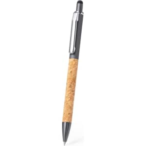 A stylus touch ball pen with a cork barrel and black accents, featuring a clip and a sleek design.