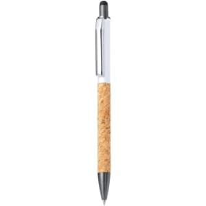 A stylus touch ball pen with a cork grip and chrome accents, featuring a black ink tip.