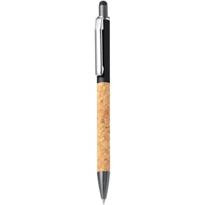A stylish black and silver ballpoint pen with a cork grip, featuring a branding logo.