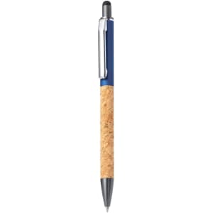 A stylus touch ball pen featuring a cork body and a blue upper section with a silver clip.