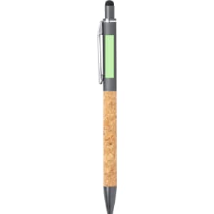 A stylus touch ball pen with a cork grip and a grey barrel, featuring a green accent. It has a clip and a logo.