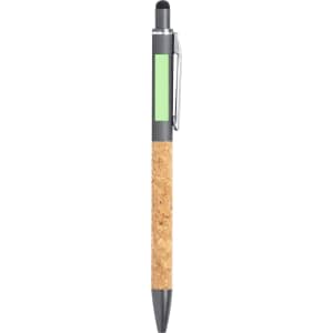 A grey and cork-styled ballpoint pen with a green accent and a stylus tip. It features a clip and branding.