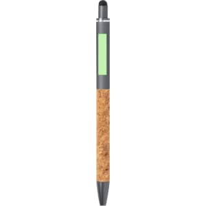 A touch ball pen with a grey upper section and a cork grip, featuring a stylus tip. It has a branding logo.