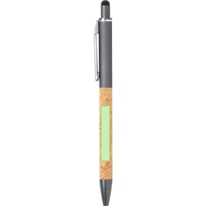 A grey and cork stylus touch ball pen with a green accent and a clip. It features a logo.