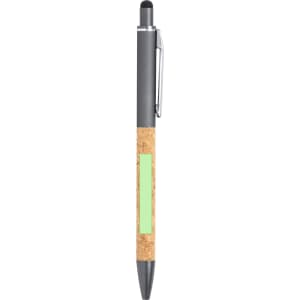 A stylus touch ball pen with a grey finish and a cork grip, featuring a clip and a logo.