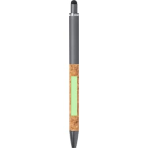 A grey ballpoint pen with a cork body and a stylus tip, featuring a small logo.