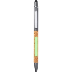 A Moson Stylus Touch Ball Pen featuring a cork grip and a sleek chrome finish. Includes a stylus tip for touch screens.