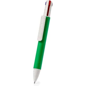 A green pen with a white clip and red and blue detailing, featuring a logo.