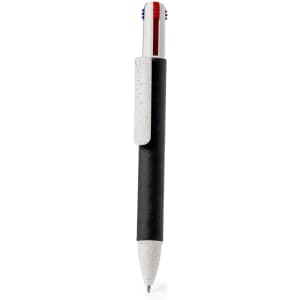 A black and white pen with a colourful top and a clip, featuring a branding logo.