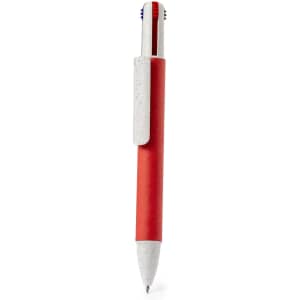 A red and white pen with a logo, featuring a sleek design and a clip for easy handling.