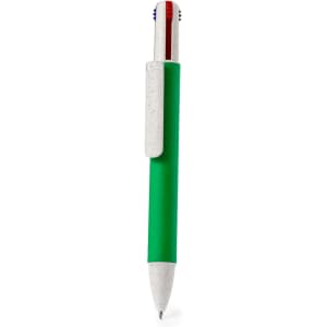 A green pen with a white grip, featuring red and blue accents, and a clip for easy attachment. Includes branding.