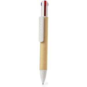 A biodegradable pen with a beige barrel, white clip, and red and blue detailing on the top, featuring a logo.