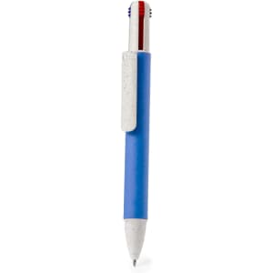 A blue and white pen with a textured body and a logo on the side.