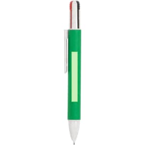A green pen with a silver clip and a white section for branding. It features a red cap at the end.