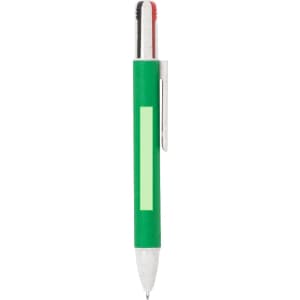 A green pen with a silver clip and a red top, featuring a branding logo.