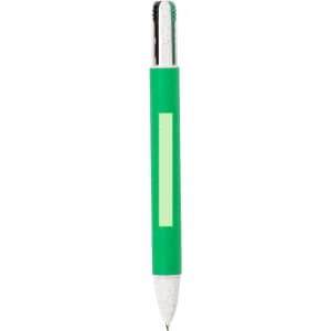A green pen with a white grip and tip, featuring a silver clip and a branding logo.