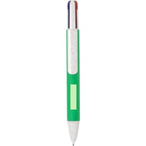 A green pen with a silver barrel and red, white, and blue tips, featuring a logo on the side.