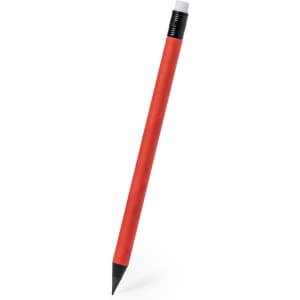 A red grey-lead pencil with a black eraser at the top and a sharpened point. It features a logo.