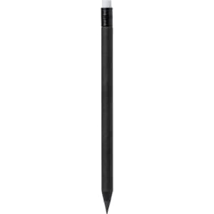 A grey-lead pencil in black with a rubber eraser and a metal grip, featuring a logo at the top.