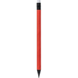A red pencil with a black tip and a silver eraser on top. It has a simple design with a branding logo.