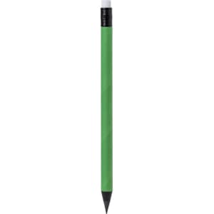 A green pencil with a black eraser and a tapering point. The pencil features a logo on its body.
