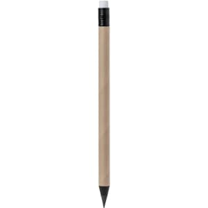 A grey-lead pencil with a natural wooden body and a black eraser at the top. It features a logo.