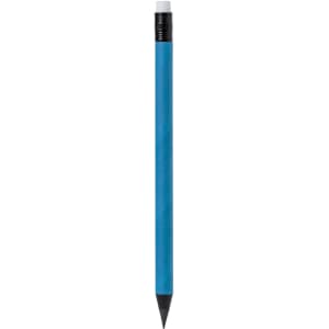 A blue pencil with a black eraser and tip, featuring a logo on the barrel.