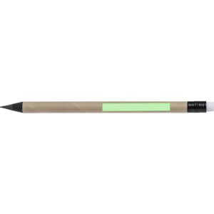 A grey-lead pencil with a black tip and a brown body featuring a green band and a logo.
