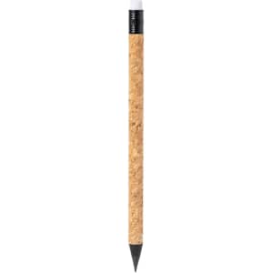 A pencil with a cork body and a black tip, featuring a black ferrule.