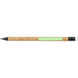 A pencil with a cork body, black tip, and a green label area. It features a black eraser attachment.