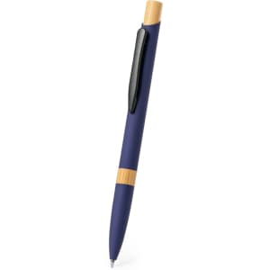 A metal pen in navy blue with a bamboo accent and a black clip, featuring a logo.