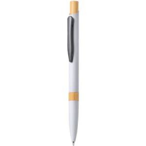 A metal pen with a white barrel and bamboo accents, featuring a black clip.