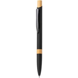 A black metal pen with a bamboo accent and a clip for easy attachment. Features a sleek design.