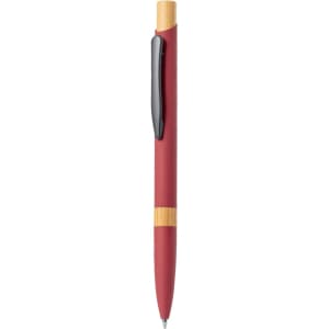 A metal pen with a red barrel and bamboo accent, featuring a black clip. It has a logo on the side.