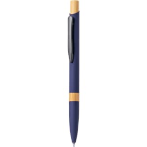A metal pen in navy blue with a bamboo accent and a black clip. It has a sleek design and a branding logo.