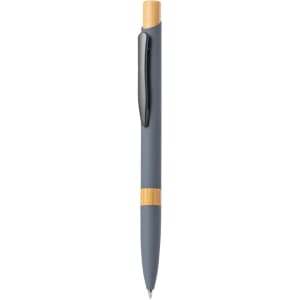 A grey metal pen with a bamboo accent and a black clip, featuring a logo on the barrel.