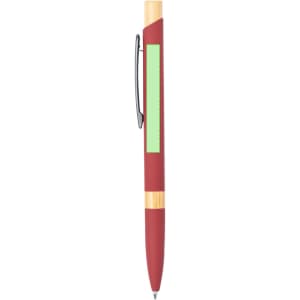 A red metal pen with a bamboo accent and a black clip, featuring a blank green area for customisation.