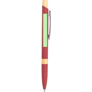 A metal pen in red with gold accents and a green section. The pen features a clip and a logo.