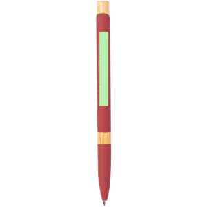 A metal pen in red with a bamboo accent and a light green section for personalisation. It features a logo.