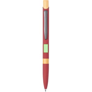A metal pen in a deep red colour with a wooden accent and a clip, featuring a logo.