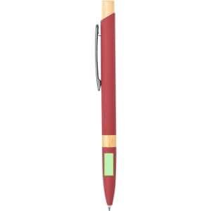 A metal pen in red with a gold accent and a clip, featuring a logo on the body.