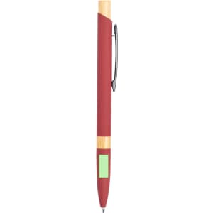 A red metal pen with a gold clip and tip, featuring a small green section on the body. Includes branding.