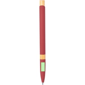 A metal pen with a burgundy barrel and bamboo accents, featuring a logo or branding.