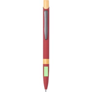 A red metal pen with a wooden accent and a shiny silver clip, featuring a logo on the barrel.