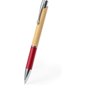 A wooden pen in natural bamboo and red leather, featuring a silver clip and nib. It includes a branding logo.