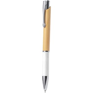 A wooden pen with a bamboo barrel and white accents, featuring a silver clip and tip. It has a logo on the barrel.