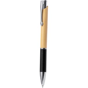 A wooden pen with a bamboo body and black grip, featuring a shiny silver clip and tip. It has a logo present.