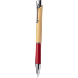 A wooden pen with a bamboo body and red grip, featuring a metal clip and silver accents.